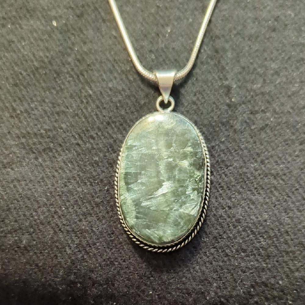 Silver Plated Green Seraphinite Gemstone Oval Pendant Statement Necklace